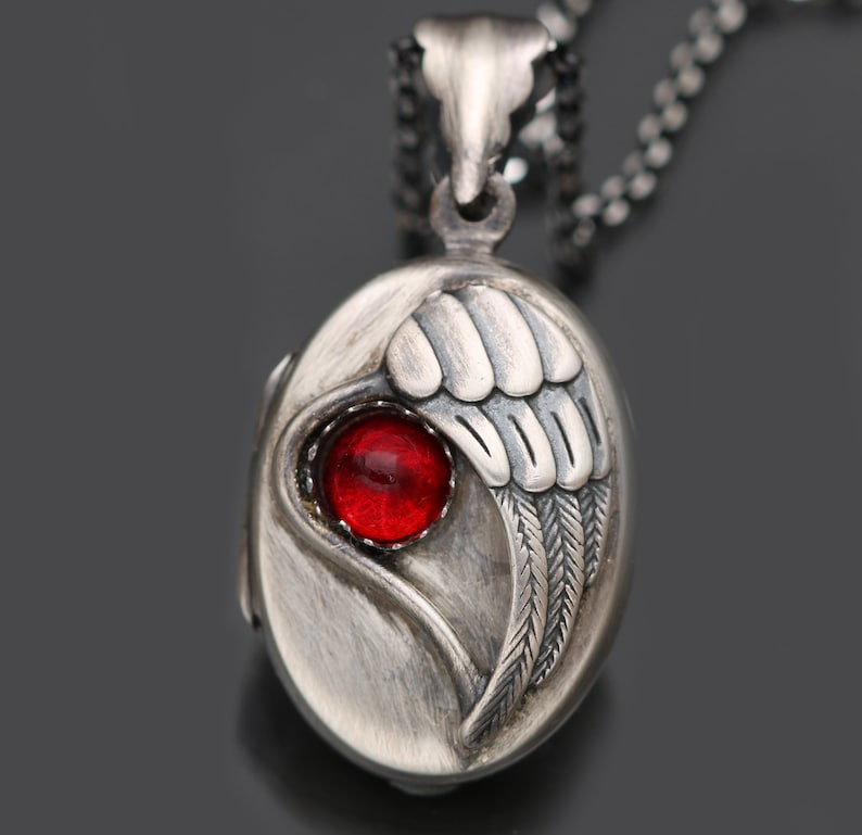 Working Compass January Birthstone Necklace Victorian Gothic Necklace Sterling Silver Heart Locket Winged Heart Necklace Garnet Pendant