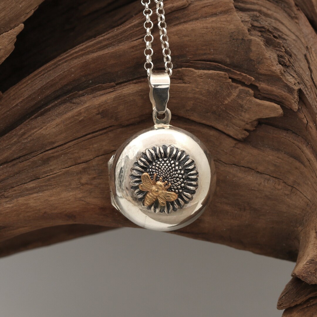 Sunflower Bee Necklace Sterling Silver Honey Bee Locket Etsy