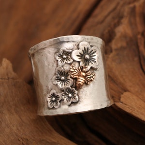 Sterling Silver Ring, Honey Bee Ring, Cherry Blossoms, Wide Band Ring, Silver Bee Jewelry, Bee Ring For Women, Botanical, Nature Lover Gift