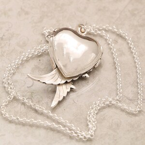 Pu&ograve; includere: Una collana d'argento con un ciondolo a forma di cuore e ali d'angelo. Il ciondolo &egrave; aperto e l'interno &egrave; visibile. La catena &egrave; d'argento e ha un design delicato.