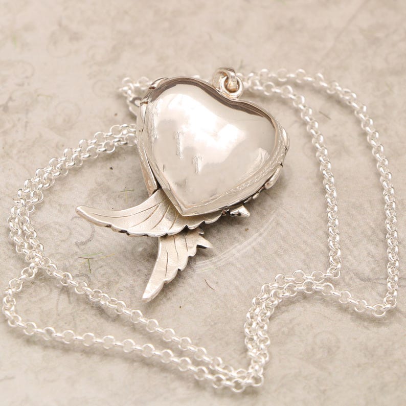 Pu&ograve; includere: Una collana d'argento con un ciondolo a forma di cuore e ali d'angelo. Il ciondolo &egrave; aperto e l'interno &egrave; visibile. La catena &egrave; d'argento e ha un design delicato.