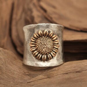 Sterling Silver Sunflower Ring, Sunflower Wide Band Ring, Handmade ...