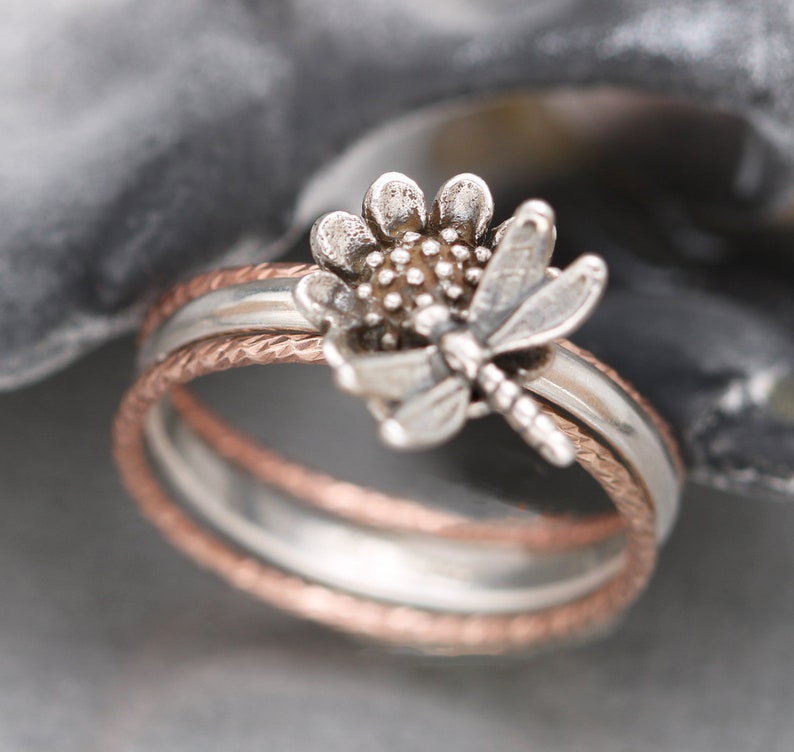 Sunflower Ring Sterling Silver Dragonfly Ring Wildflower image 0