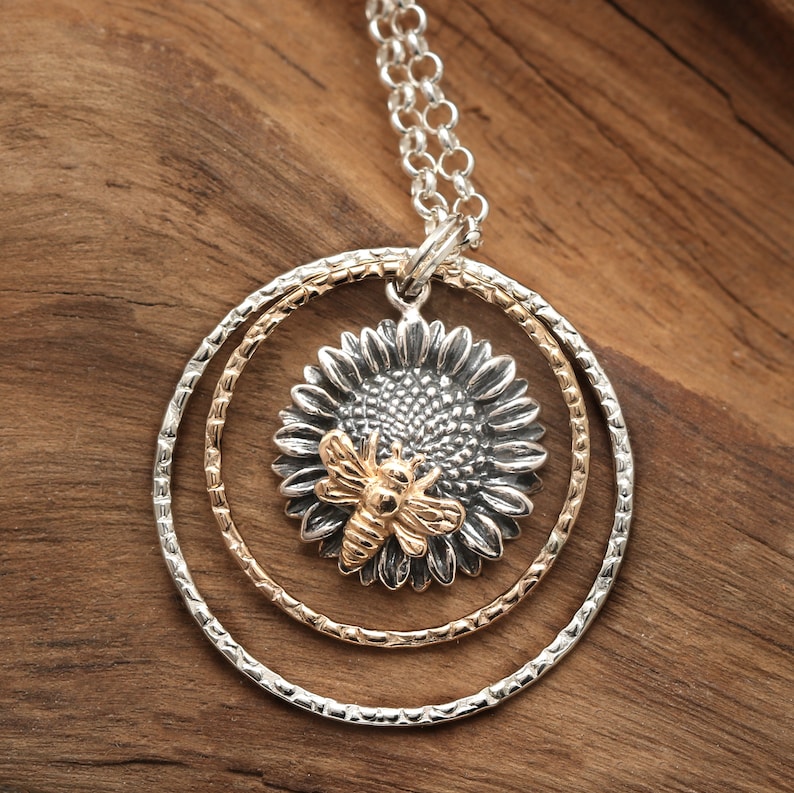 Sunflower Bee Necklace Sterling Silver Double Circle Pendant Etsy