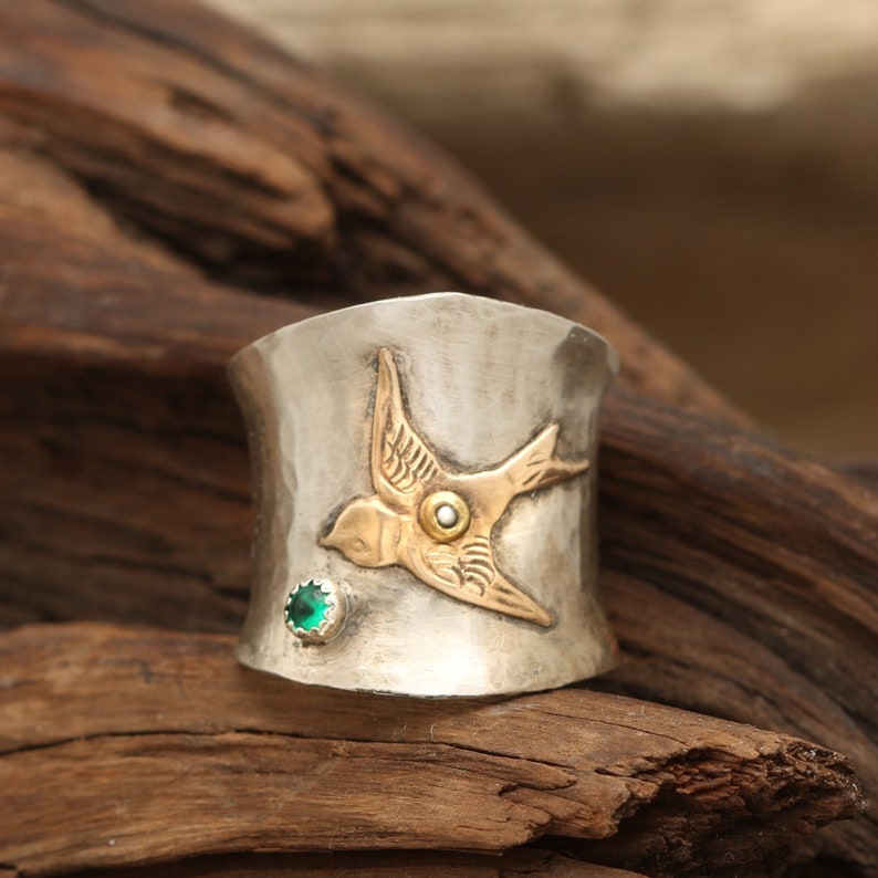 Large Bird Rings Sterling Silver Wide Band Ring, Bird Ring, Cool Ring, Nature Lover Gift ...