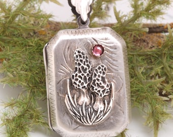 Halskette mit Pilzmedaillon aus Sterlingsilber für Damen und Herren, einzigartiges handgefertigtes Medaillon für Herren, Fotomedaillon-Schmuck, Geschenkidee mit Morchelmotiv