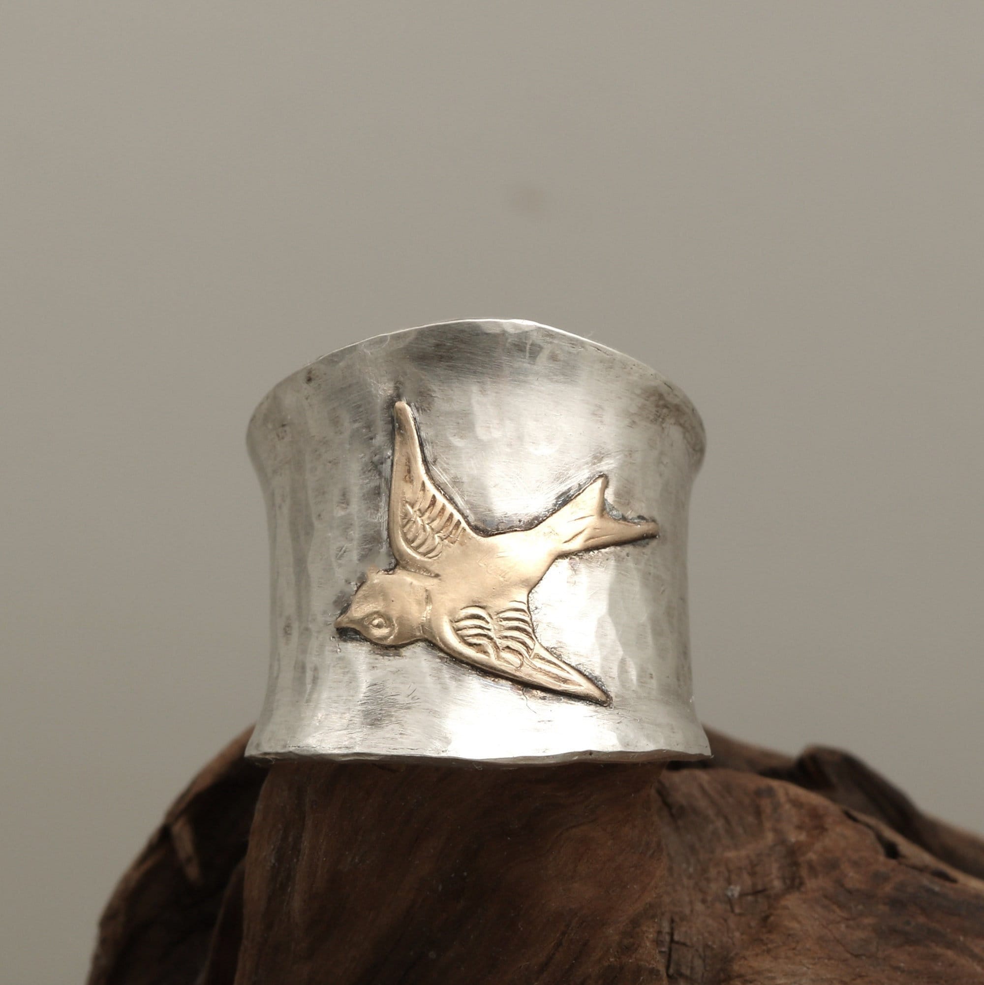 Sterling Silver Bird Ring, Gold Bird Ring, Wide Band, Hammered Silver Ring, Thumb Ring, Handmade Jewelry