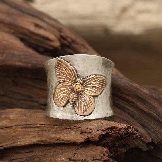 Butterfly Ring Sterling Silver, Wide Band Ring For Women, Thumb Ring, Butterfly Gifts, Birthstone Ring Mom, Personalized Birthstone Jewelry