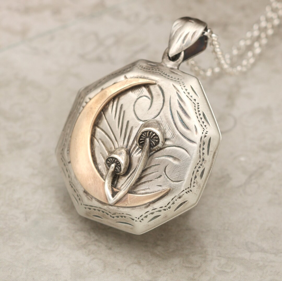 Sterling Silver Photo Locket Necklace, Mushroom Locket, Compass Jewelry