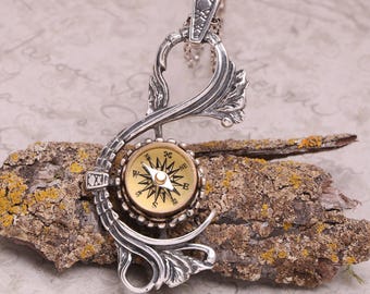 Kompass Halskette, Sterling Silber Anhänger, viktorianischer Stil, Arbeit Kompass Schmuck