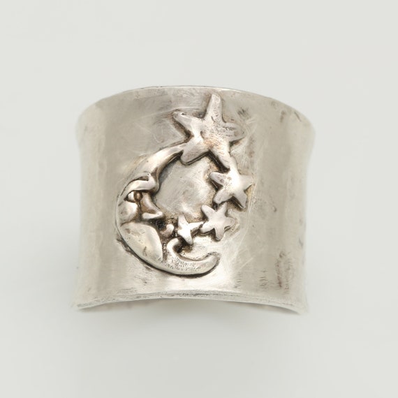 Moon And Star Ring, Celestial Ring Sterling Silver, Celestial Ring Women, Moon Face Ring, Star Ring Men, Wide Silver Ring, Silvered Hammered