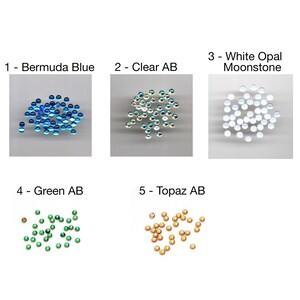 May include: Five groups of small round beads labeled 1 through 5. Group 1 is Bermuda Blue, 2 is Clear AB, 3 is White Opal Moonstone, 4 is Green AB, and 5 is Topaz AB. Each group displays a collection of circular beads in their respective colors.