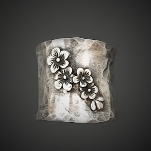 Cherry Blossom Ring, Sterling Silver Wide Band Ring For Women, Floral Ring Silver, Flower Lover Gift, Thumb Ring, Handmade Jewelry
