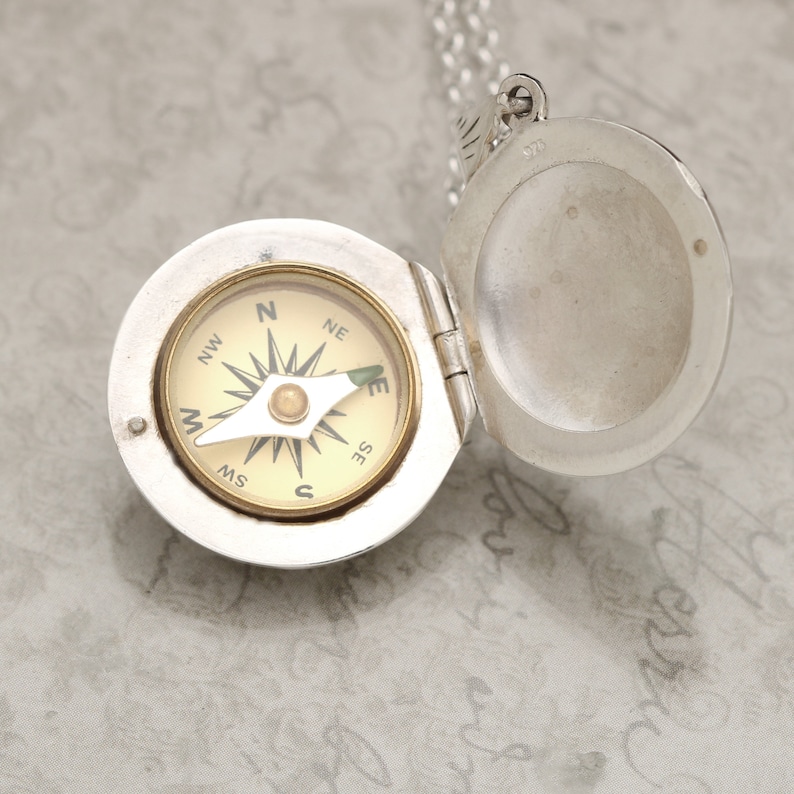 Working Compass Necklace, Sterling Silver Bird Locket, Small Photo Gift, Song Bird, Compass Gift, Victorian Style Jewelry, Nature Lover Gift Large Compass