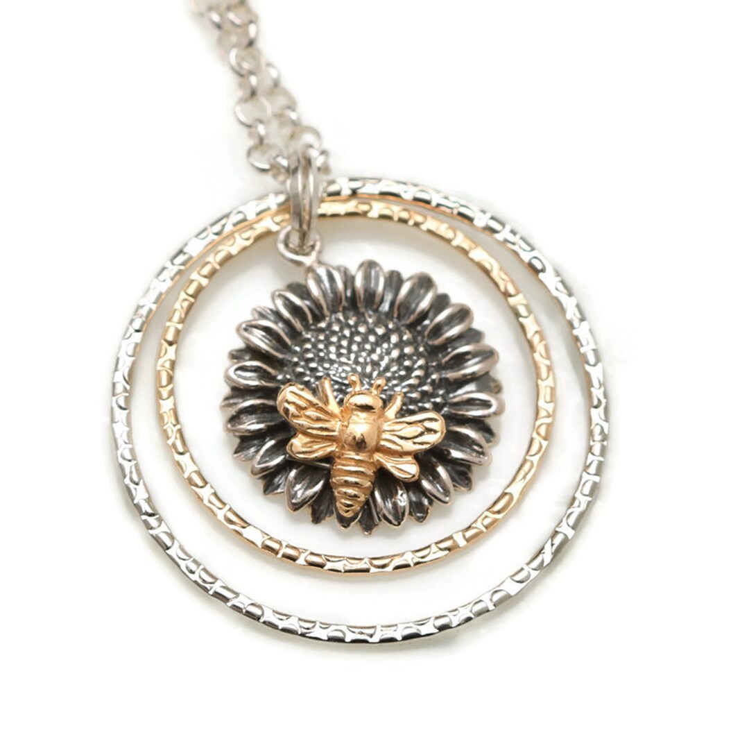 Sunflower Bee Necklace Sterling Silver Double Circle Pendant Etsy