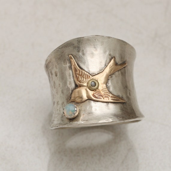 Gold Bird Ring, Wide Band, Sterling Silver Opal Ring, October Birthstone, Natural Stone, Bird Ring For Woman Unique, Bird Gifts For Mom