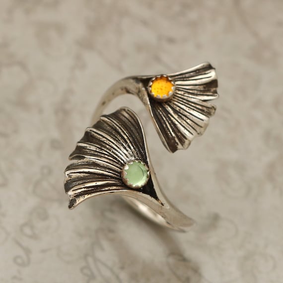 Gingko Ring, Silver Leaf Ring, Personalized Stone, Handmade Jewelry, Adjustable Ring, Gingko Leaf, Sterling Silver Jewelry