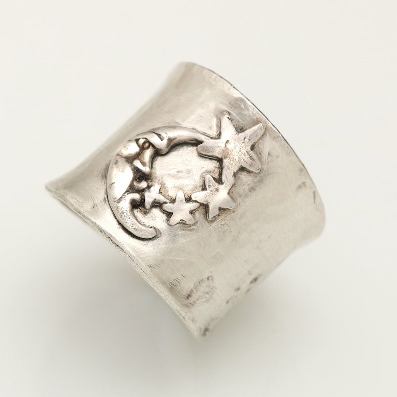 Moon And Star Ring, Celestial Ring Sterling Silver, Celestial Ring Women, Moon Face Ring, Star Ring Men, Wide Silver Ring, Silvered Hammered image 3