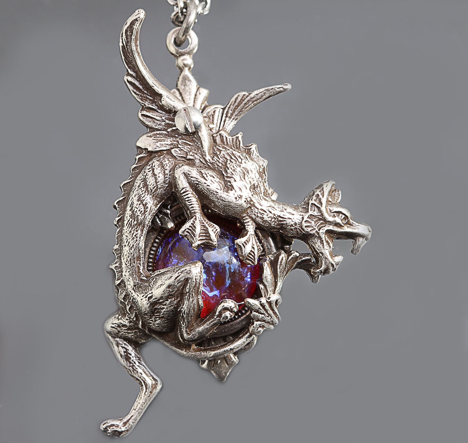 Silver Dragon Necklace Red Fire Opal Dragons Breath Pendant 
