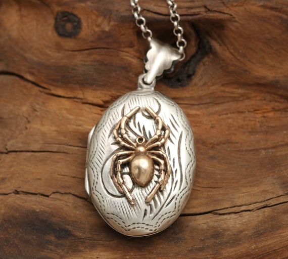 Sterling Silver Locket Spider Necklace Working Compass Spider