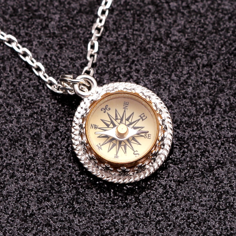 Collana con pendente a bussola in argento sterling funzionante, regali per l'escursionismo per le donne, vero nord, gioielli da viaggio, rosa dei venti, gioielli fatti a mano immagine 3