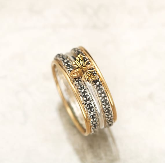 Bee Rings For Women, Sterling Silver Honey Bee Jewelry, Gold Band Rings, Nature Lover Gift, Flower Stacking Ring Set, Stackable Rings