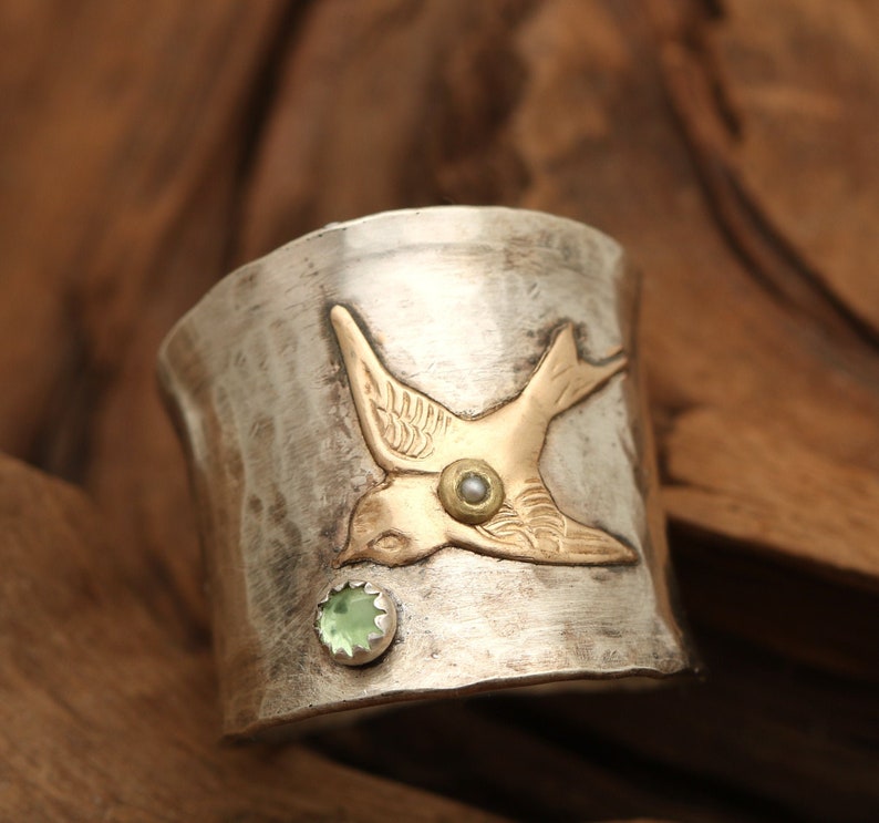 Large Bird Rings Sterling Silver Wide Band Ring, Bird Ring, Cool Ring, Nature Lover Gift ...