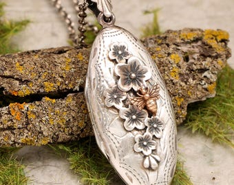 Blumen Medaillon, Sterling Silber Medaillon Schmuck, Bienen Geschenke für Frauen, Kirschblüte, Garten Hochzeit für Wildblumen Braut, Foto Medaillon