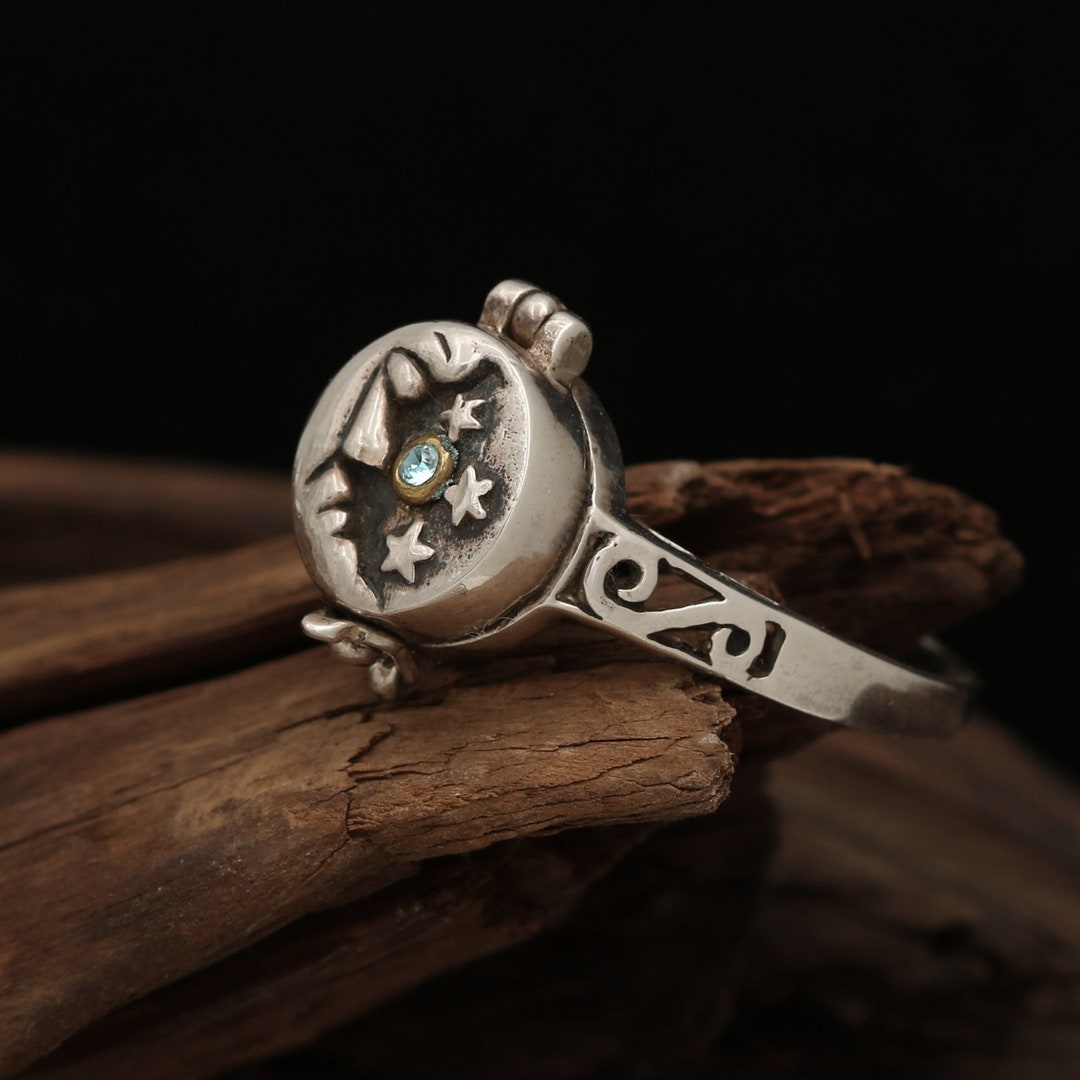 Sterling Silver Poisoner Ring, Moon and Star Ring, Birthstone Ring for