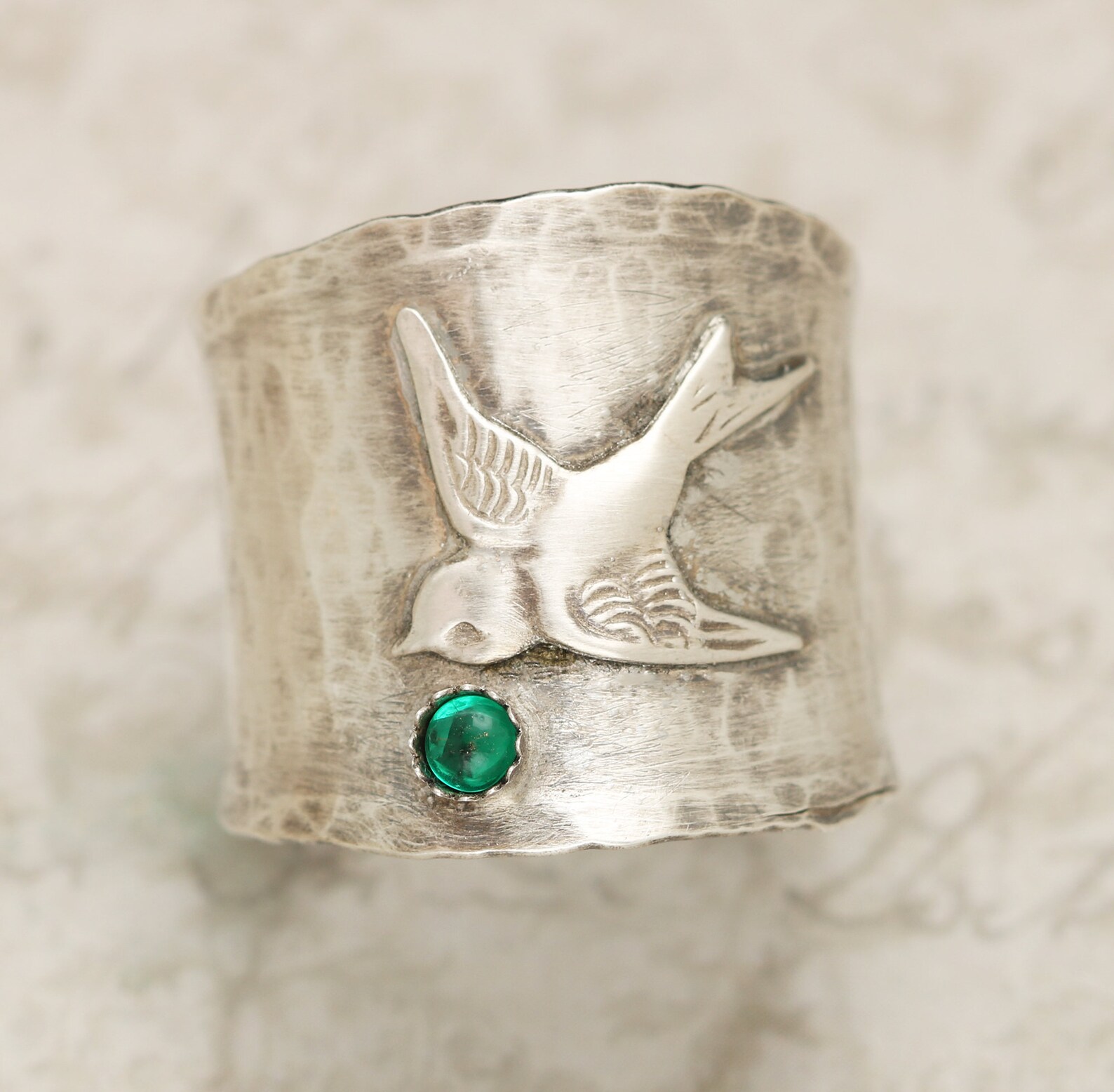 Sterling Silver Bird Ring Wide Band May Birthstone Emerald Etsy