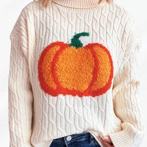 Pumpkin Applique Cable Knit Turtleneck Sweater - Fall Halloween Outfit