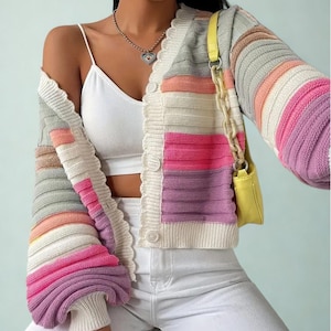 Colorful Striped Acrylic Cardigan Sweater Women, Cute Striped Cardigan Women, Winter Cardigans for Women, Cute Gift for her, Striped Sweater