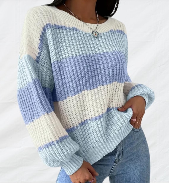 Blue Striped Ribbed Knit Pullover Sweater: Women's Cozy Knitwear