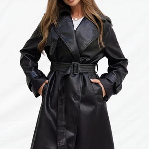 Women&#39;s Genuine Leather Coat, Long Leather Coat Women, Faux Leather Trench Coat Women, Black Leather Overcoat for Women, Best Gift for Her