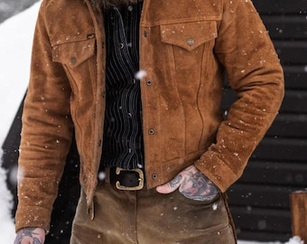 Vintage Hill & Archer Suede Leather Brown Bomber Jacket Men