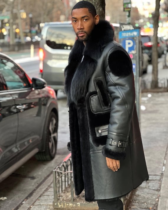 Handgefertigte Herren Lammfell Schaffell Ledermantel Vintage