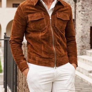 Handmade Brown Stylish Suede Leather Trucker Jacket for Men Premium and Durable Quality * Trucker Suede Jacket, 100% Genuine Leather Jacket