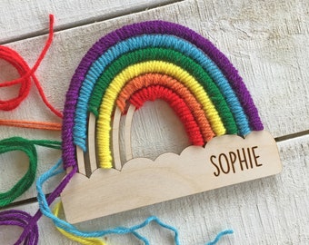 Personalized Rainbow Craft Kit - Lasercut Wood - Yarn & Tools included!