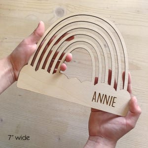 Pu&ograve; includere: Decorazione in legno a forma di arcobaleno con il nome "ANNIE" inciso. L'arcobaleno &egrave; largo circa 17.78 cm e presenta pi&ugrave; strati ad arco. &Egrave; visibile il colore naturale del legno.