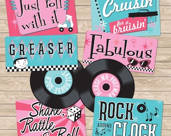 1950s Retro Photo Booth Party Signs: Double-Sided Plastic Props with Drawstring Storage Bag