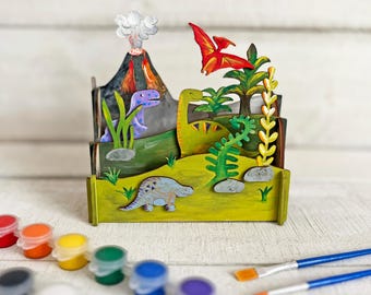 Dinosaur and Erupting Volcano Diorama Craft Kit - Build Your Own Kinetic Prehistoric Scene