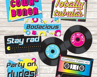 1980s Rad Photo Booth Party Signs: Double-Sided Plastic Props with Drawstring Storage Bag