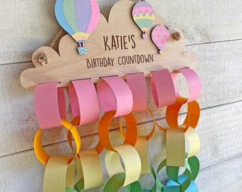 Birthday Countdown - Personalized Bright Rainbow Paper Chain Paint Craft for Kids - Hot Air Balloons or Rocket Ship