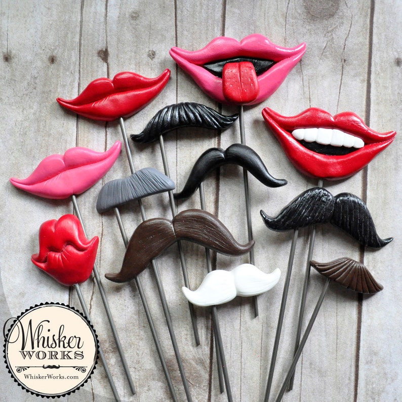 May include: A set of 10 colorful felt lips and mustaches on sticks. The lips are red, pink, and a combination of red and pink. The mustaches are black, brown, gray, and white.