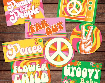 1960s Groovy Photo Booth Party Signs: Double-Sided Plastic Props with Drawstring Storage Bag