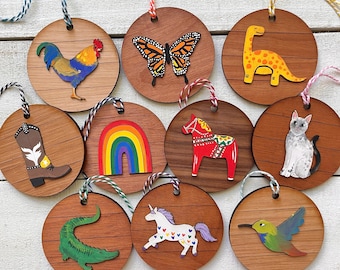 Wooden Ornaments Assortment – Dinosaur, Unicorn, Dala Horse, Cat, Rooster, Butterfly, Rainbow, Hummingbird, Cowboy Boot