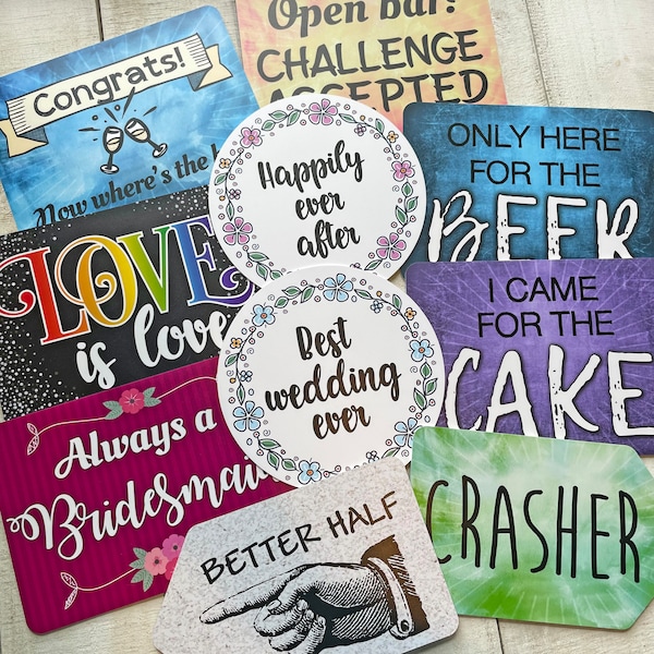 Letreros para fotomatón de boda: Frases de plástico coloridas, juego de 5 reutilizables