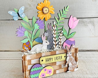 Bunny Flower Box with Easter Eggs and 3 Bunnies - Choose Pastel or Bright Paint