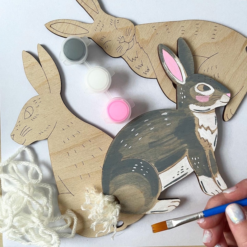 Bunny Craft Kit Paint, Brush & Yarn Included 3 Bunnies image 1