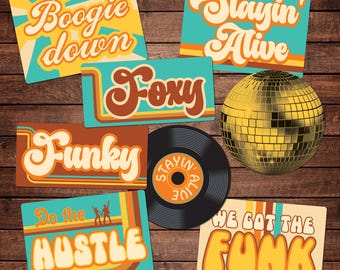 1970s Disco Photo Booth Party Signs: Double-Sided Plastic Props with Drawstring Storage Bag